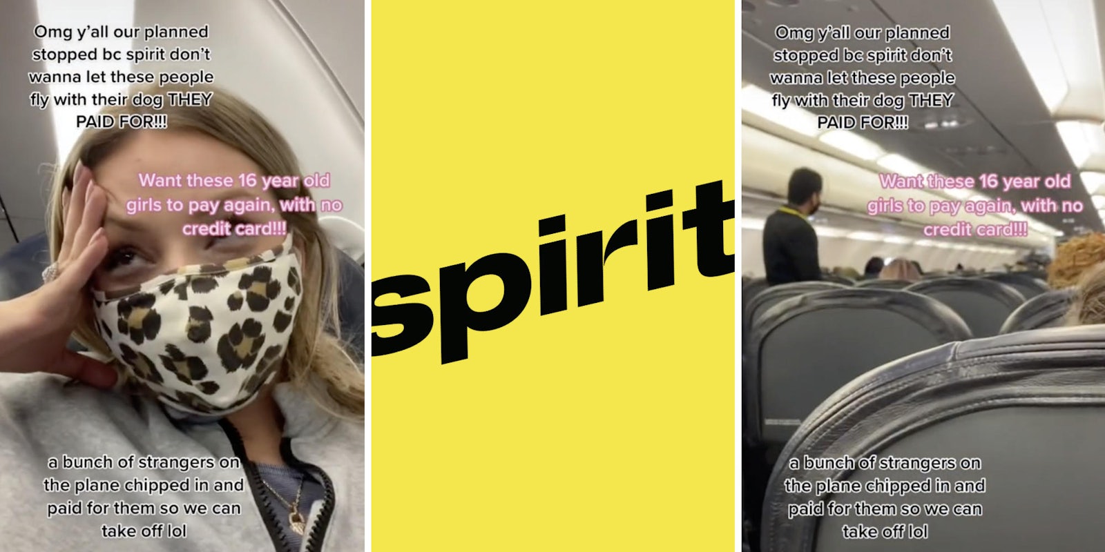teenager looking annoyed (l) spirit airlines logo (m) passengers on airplane (r)