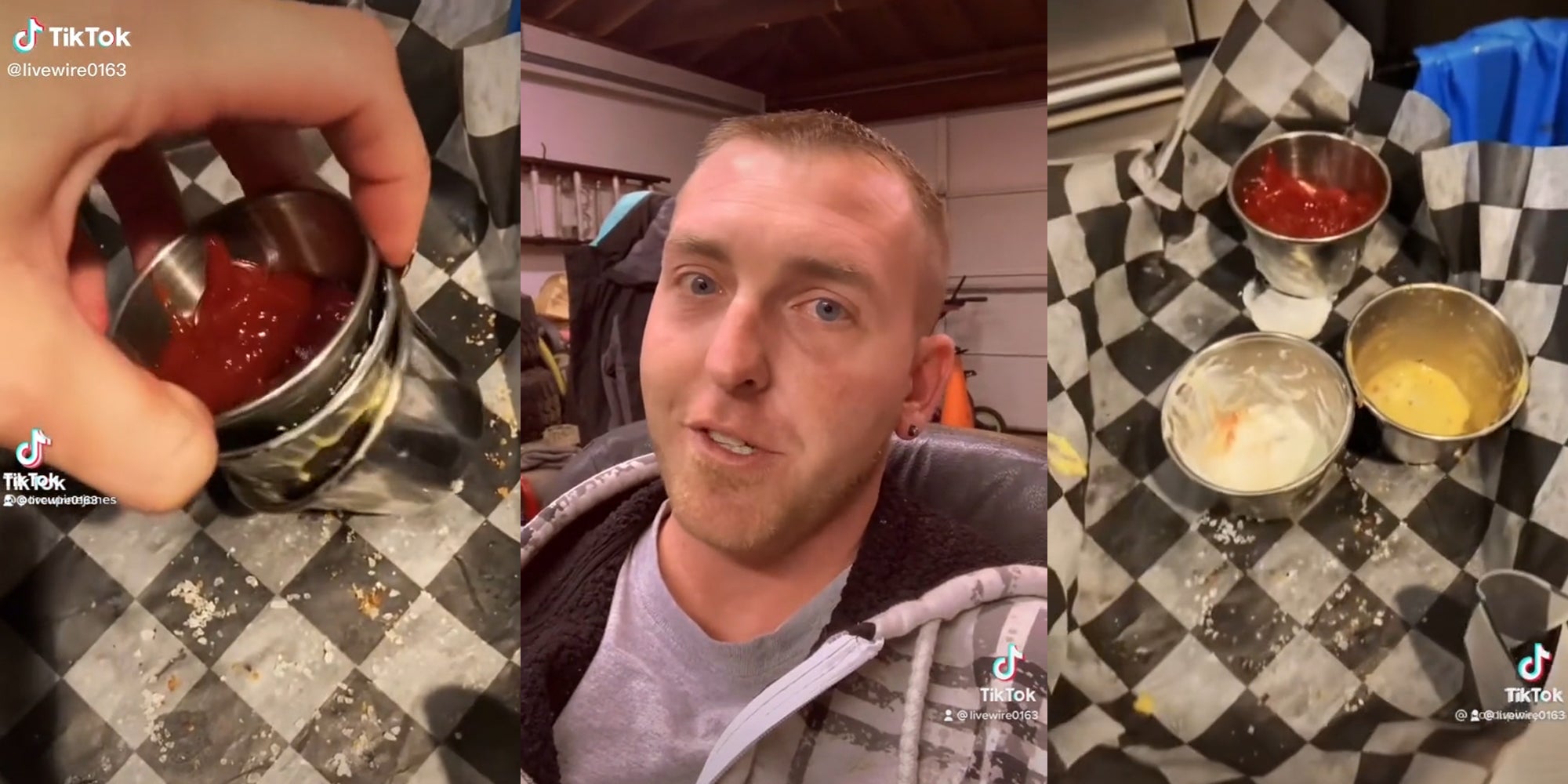 hand pulling condiment dishes apart (l) man in garage (c) dirty condiment dishes (r)