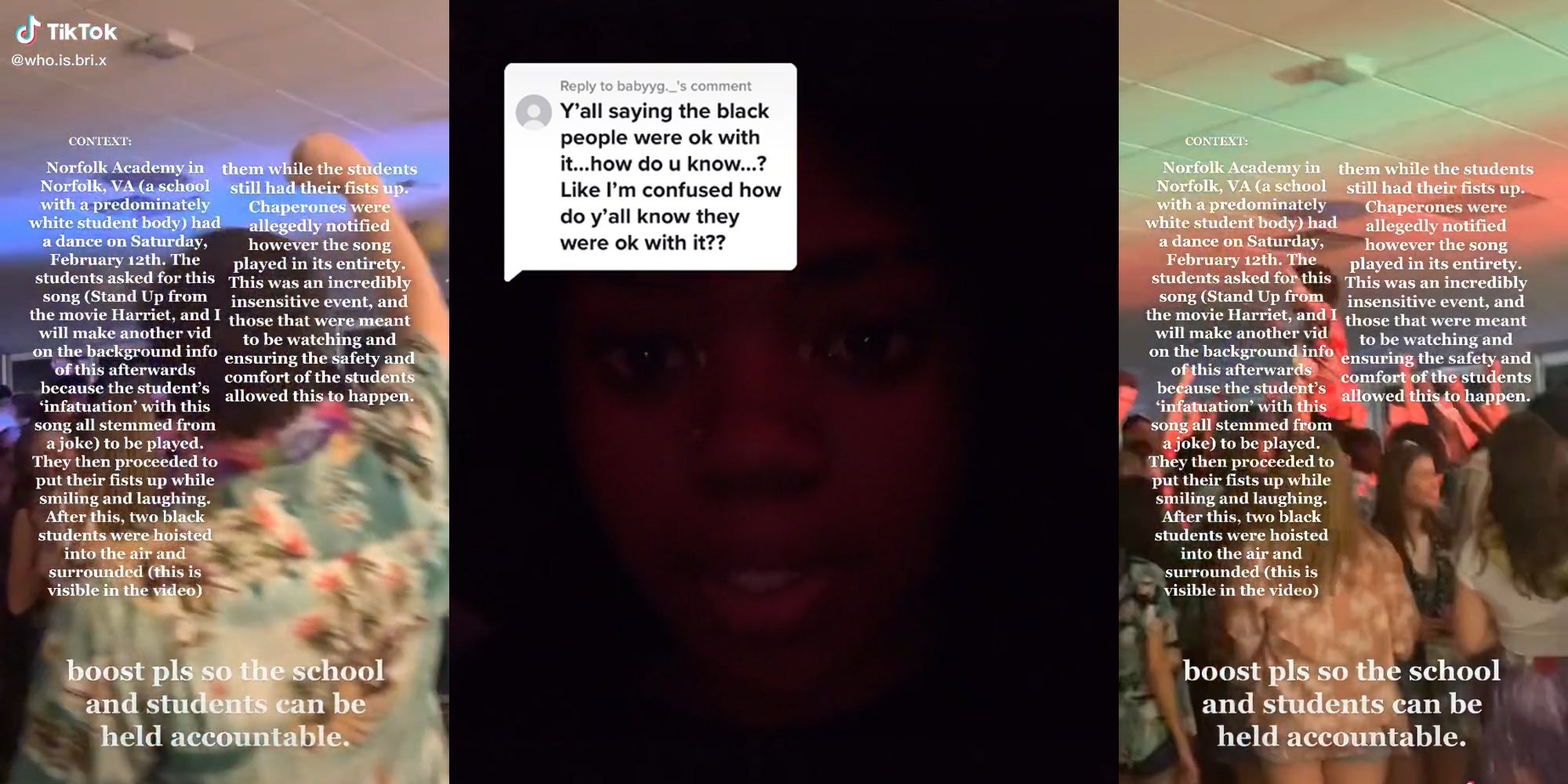 Students lift person at dance (l & r) young woman with caption 'Y'all saying the black people were ok with it... how do u know? Like I'm confused how do y'all know they were ok with it??' (c)