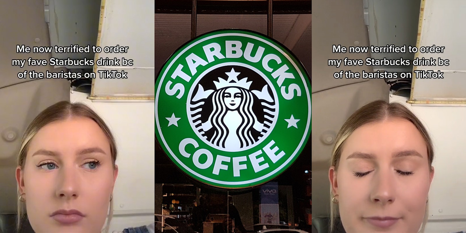 young woman with caption 'me now terrified to order my fav Starbucks drive bc of the baristas on TikTok' (l & r) starbucks coffee sign (c)