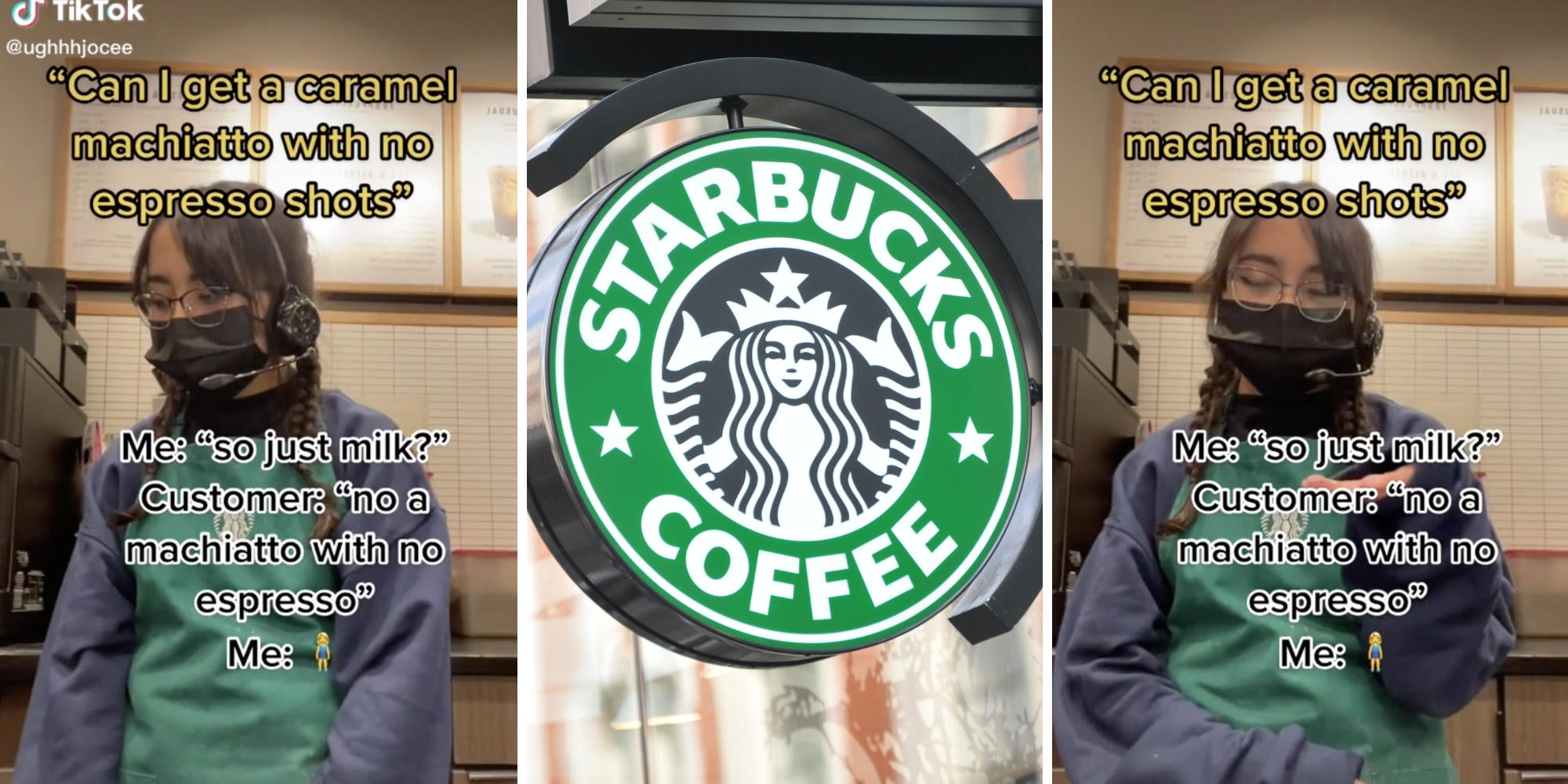 woman reacting in disbelief at a starbucks order (l) (r) starbucks logo (m)