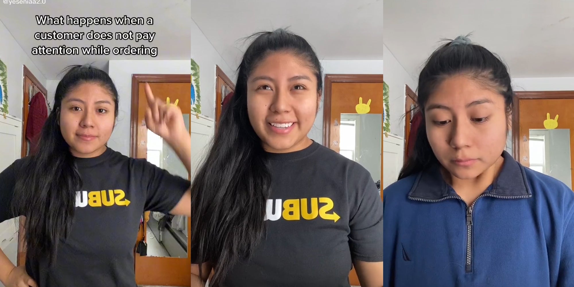 young woman in subway shirt with caption 'what happens when a customer does not pay attention while ordering' (l & c) young woman in different shirt (r)