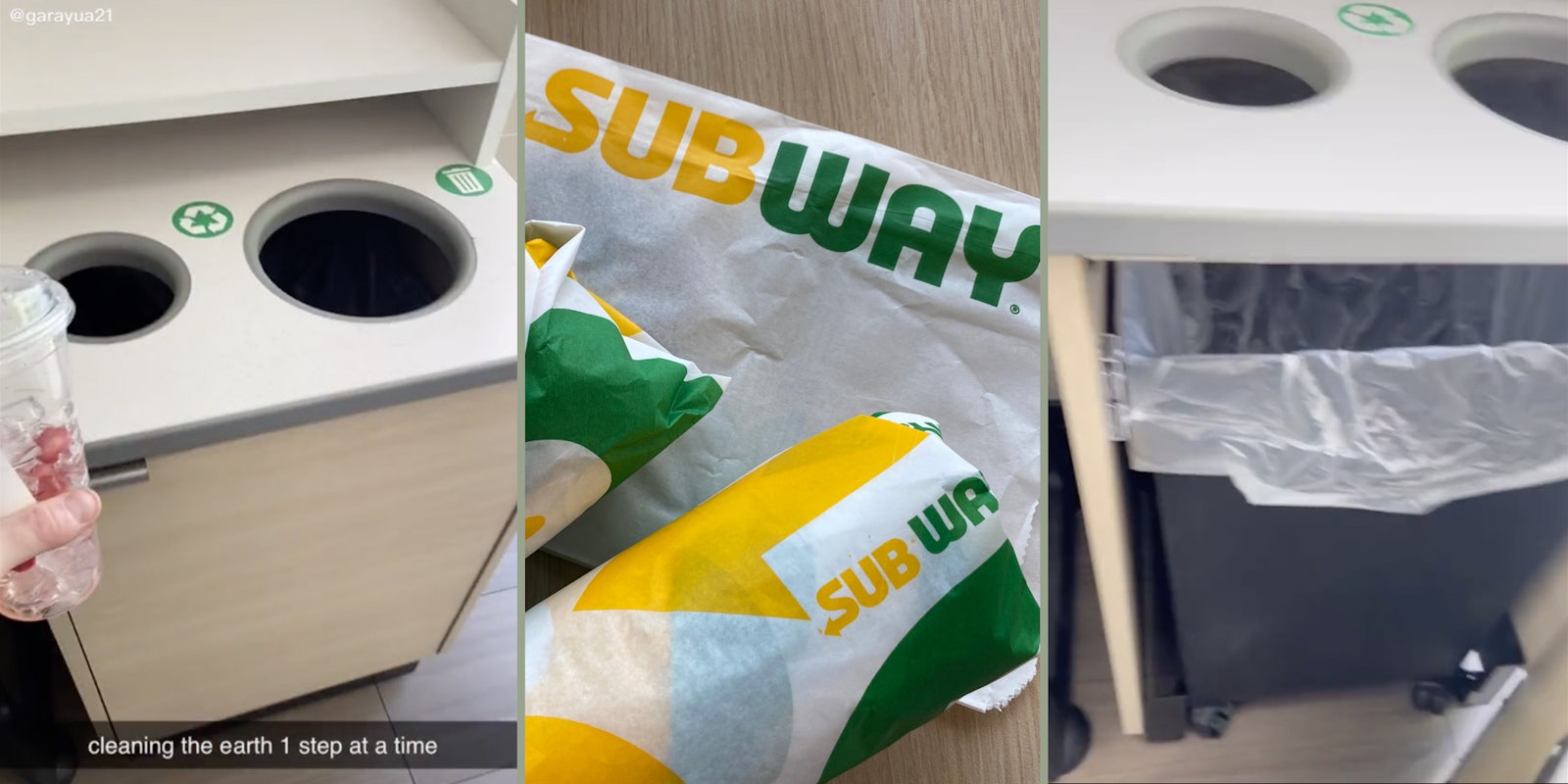 Recycling and trash bin (L,R) Subway sandwich (M)