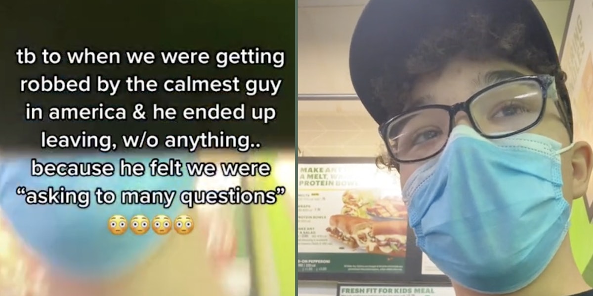 'Tb to when we were getting robbed by the calmest guy in america & he ended up leaving, w/o anything.. because he felt we were 'asking to many questions'' (L) Man with glasses and a face mask (R)