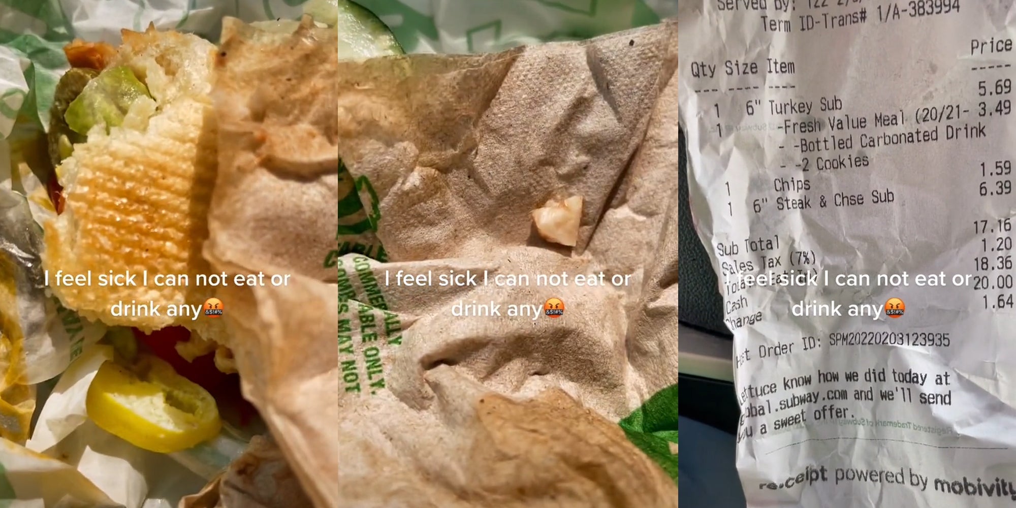 subway sandwich with unidentified object and receipt with caption 'i feel sick i can not eat or drink any'
