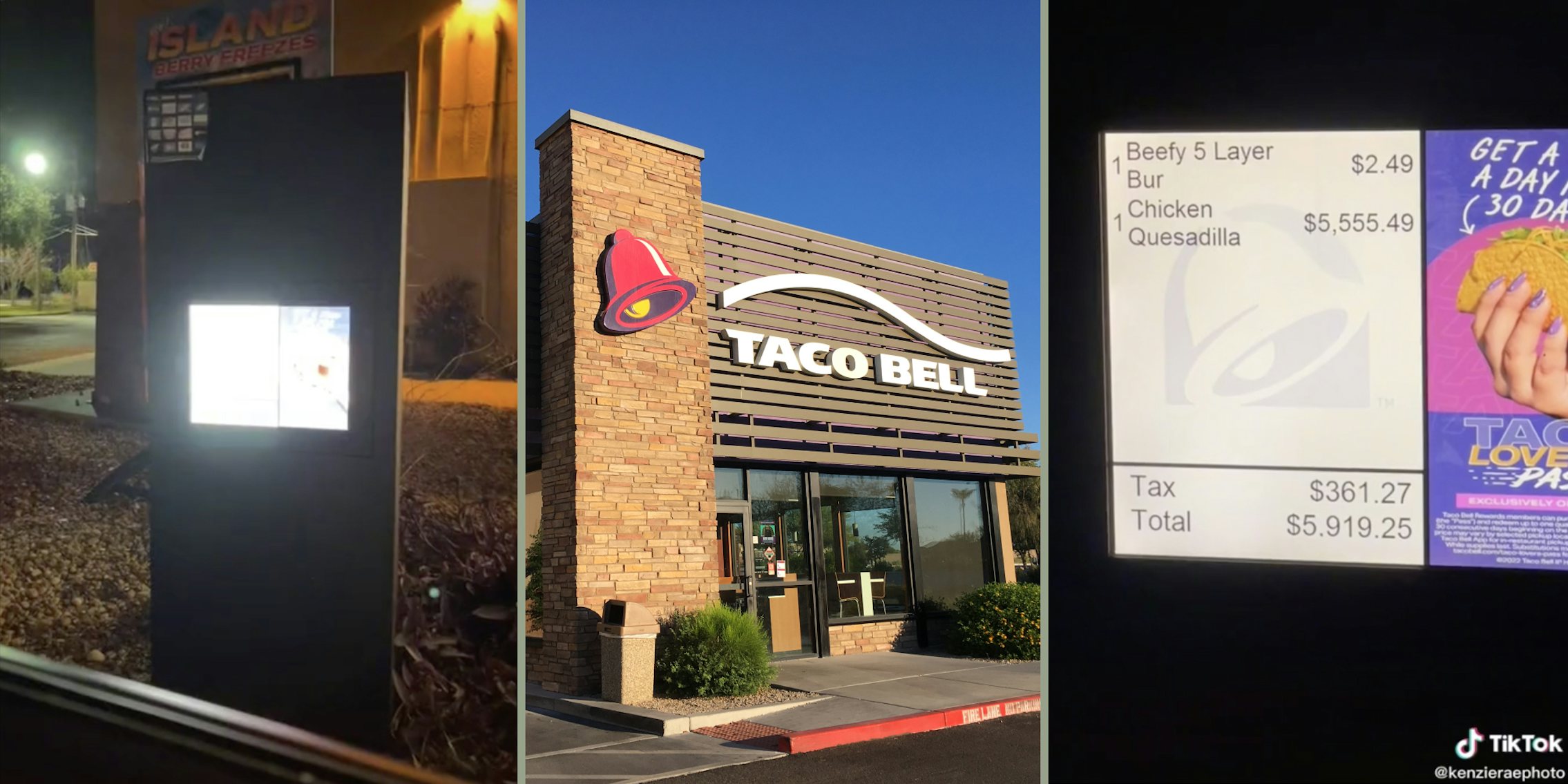 Driver-thru screen (L) Taco Bell restaurant (M), Taco Bell drive-thru order totaling $5,919 (R)