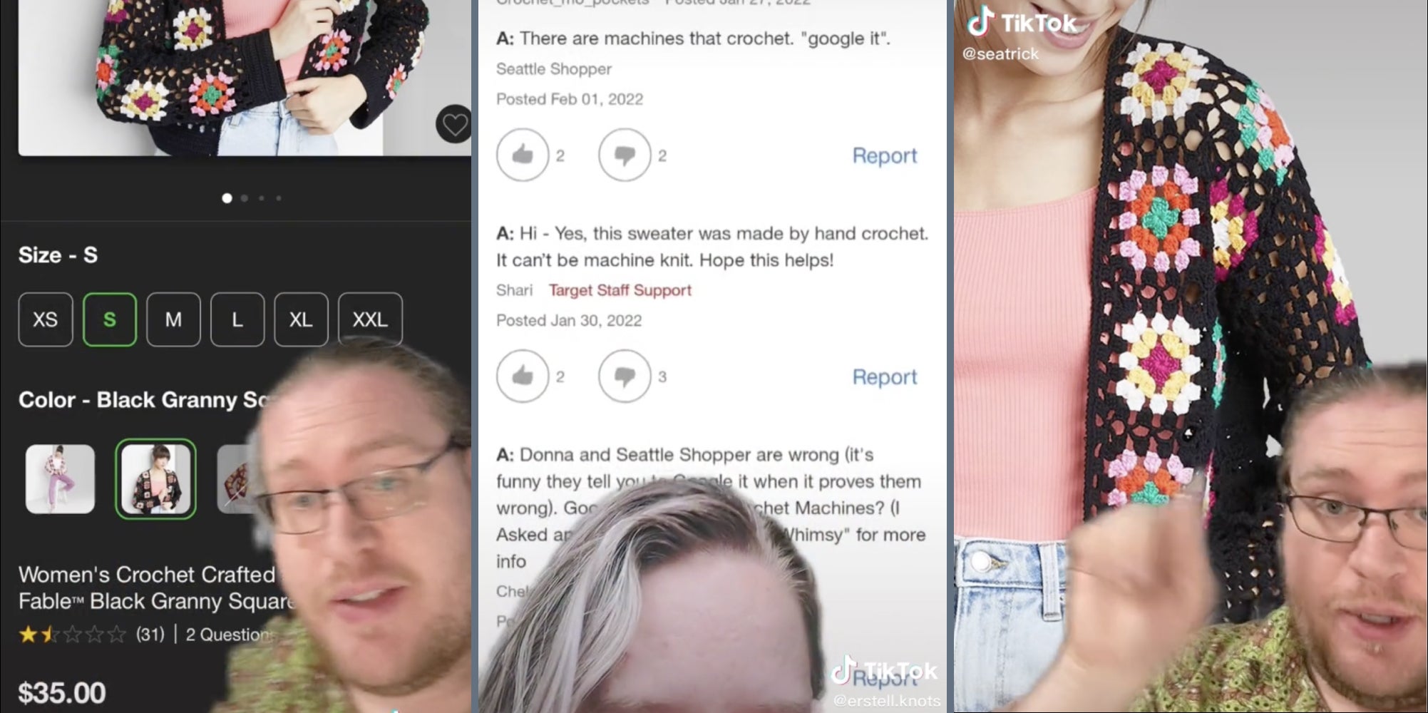 $35.00 listing for crocheted sweater on Target's website (L), Target support staff confirming the garment is handmade (M), Floral crocheted cardigan (R)