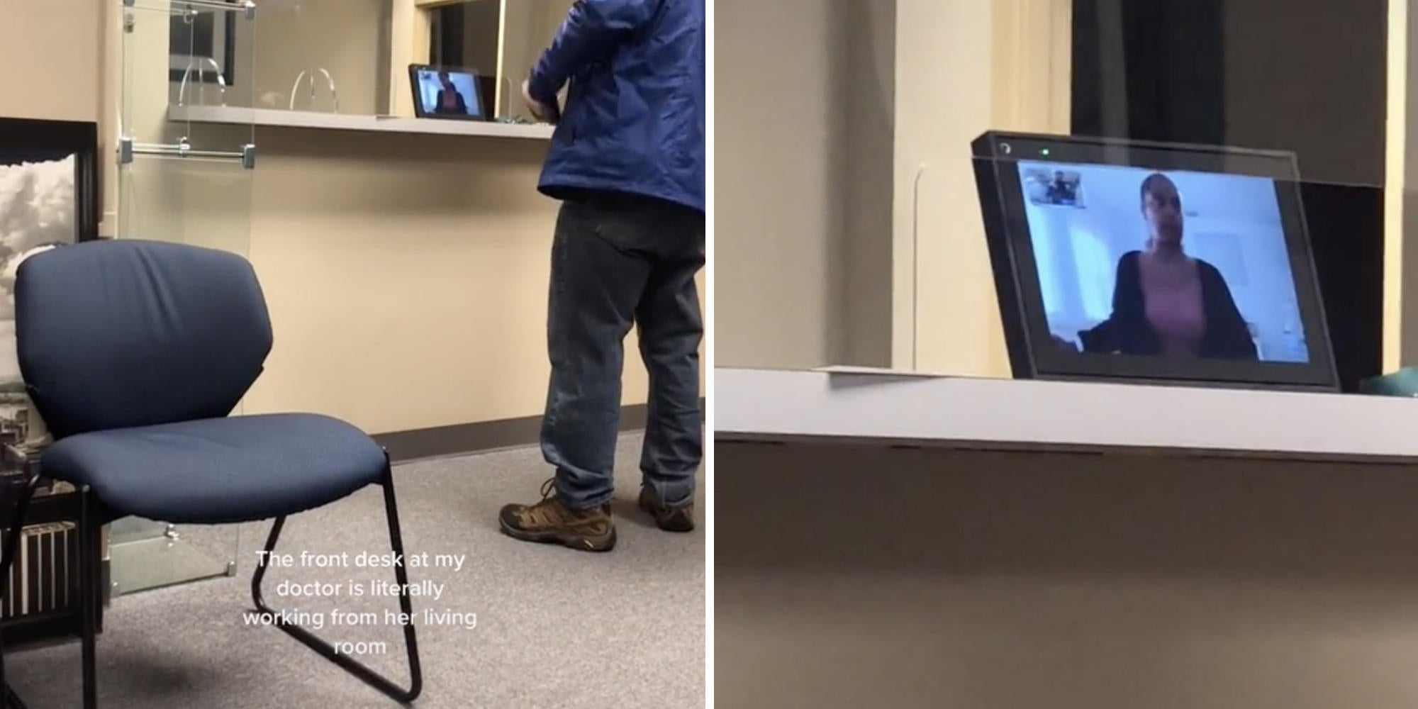 man talking to a tablet (l) tablet shows woman working from home (r)
