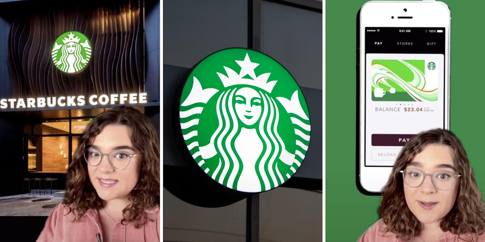 woman talking in front of photo of starbucks (l) starbucks logo (m) woman talking in front of cell phone (r)