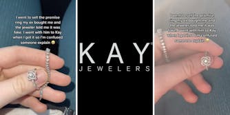 woman holding ring (l) (r) kay jewelers logo (m)