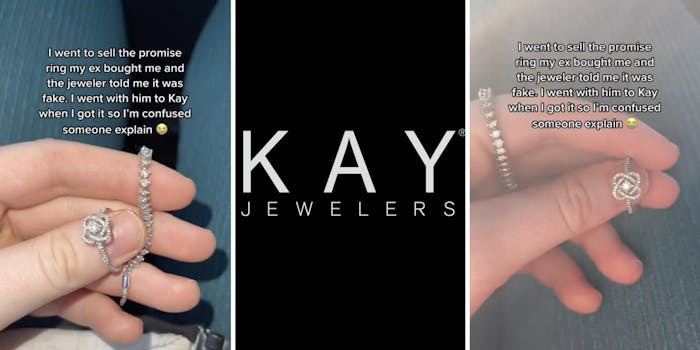 woman holding ring (l) (r) kay jewelers logo (m)