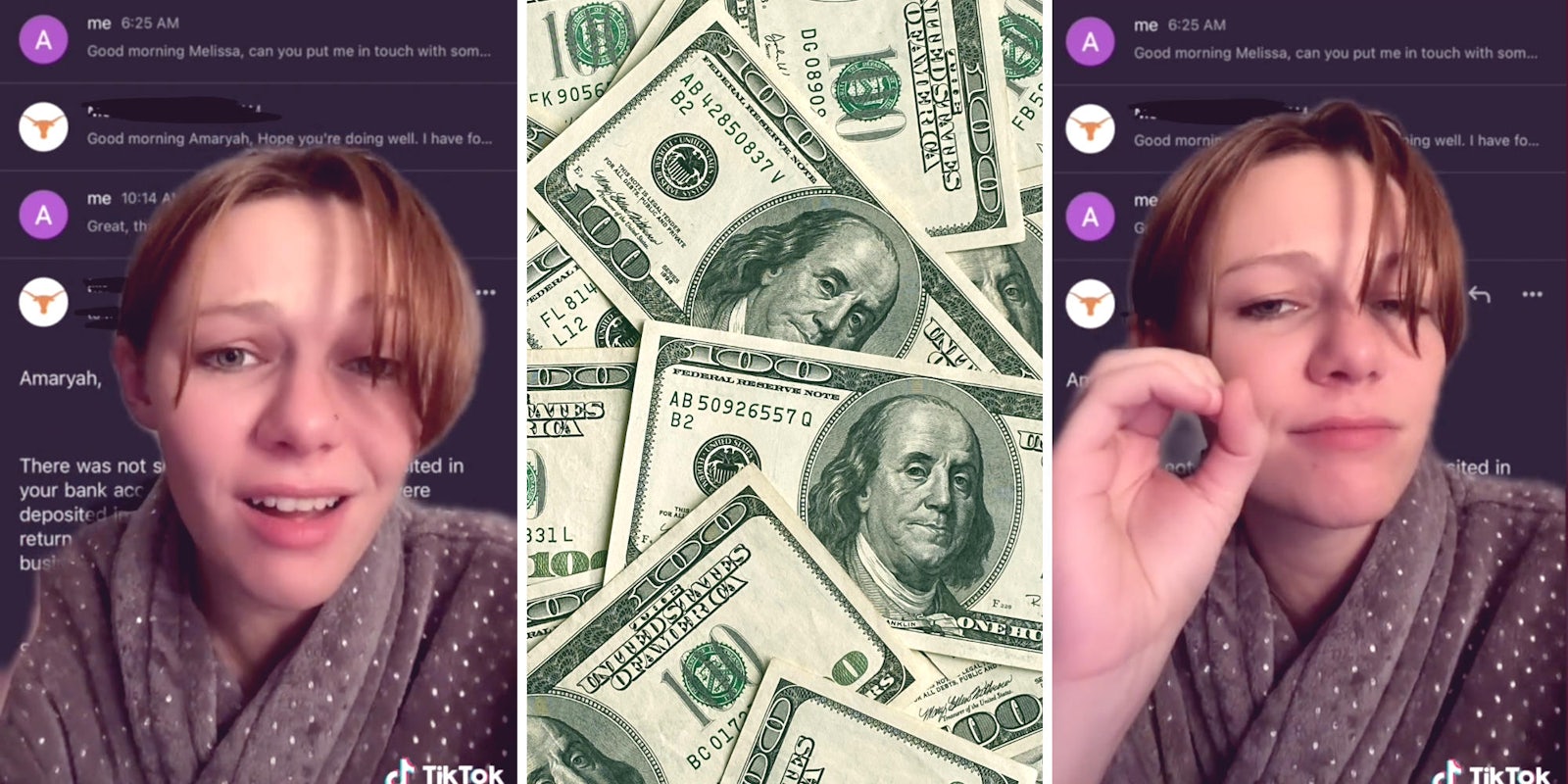 woman looking disappointed in front of phone messages (l) (r) photo of dollar bills (m)