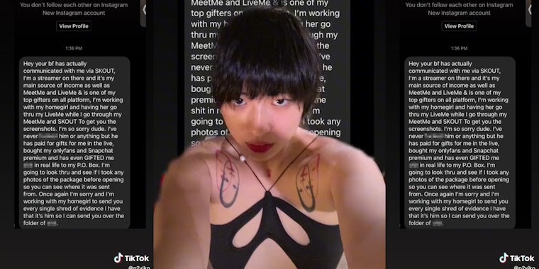 young woman in front of private instagram message detailing her boyfriend's online activities with streamers
