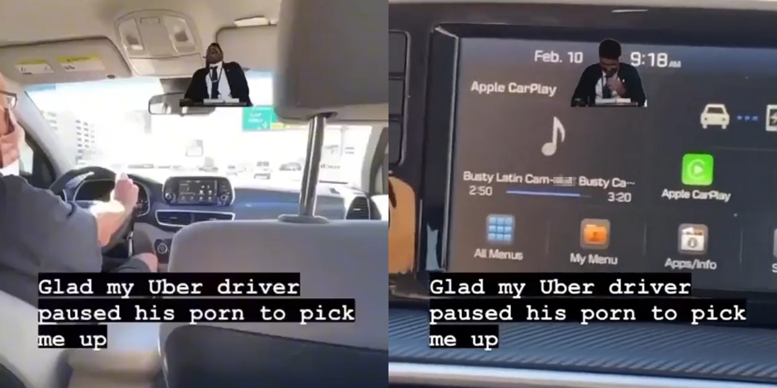 uber driver (l) car dash showing 'Busty Latin Cam-slut' track title (r) both with caption 'Glad my Uber driver paused his porn to pick me up'