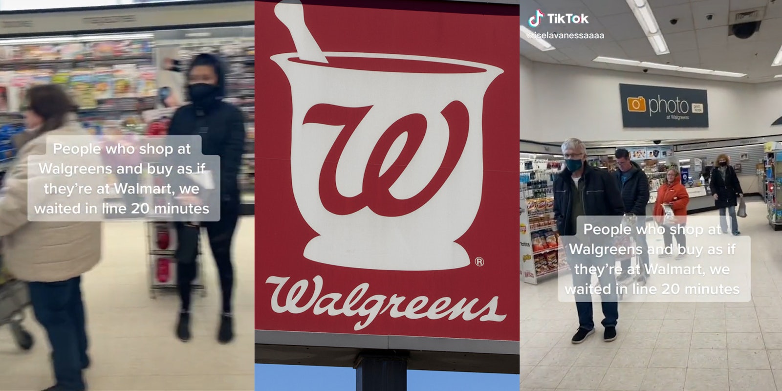 people standing in line at walgreens with caption 'People who shop at Walgreens and buy as if they're at Walmart, we waited in line 20 minutes'