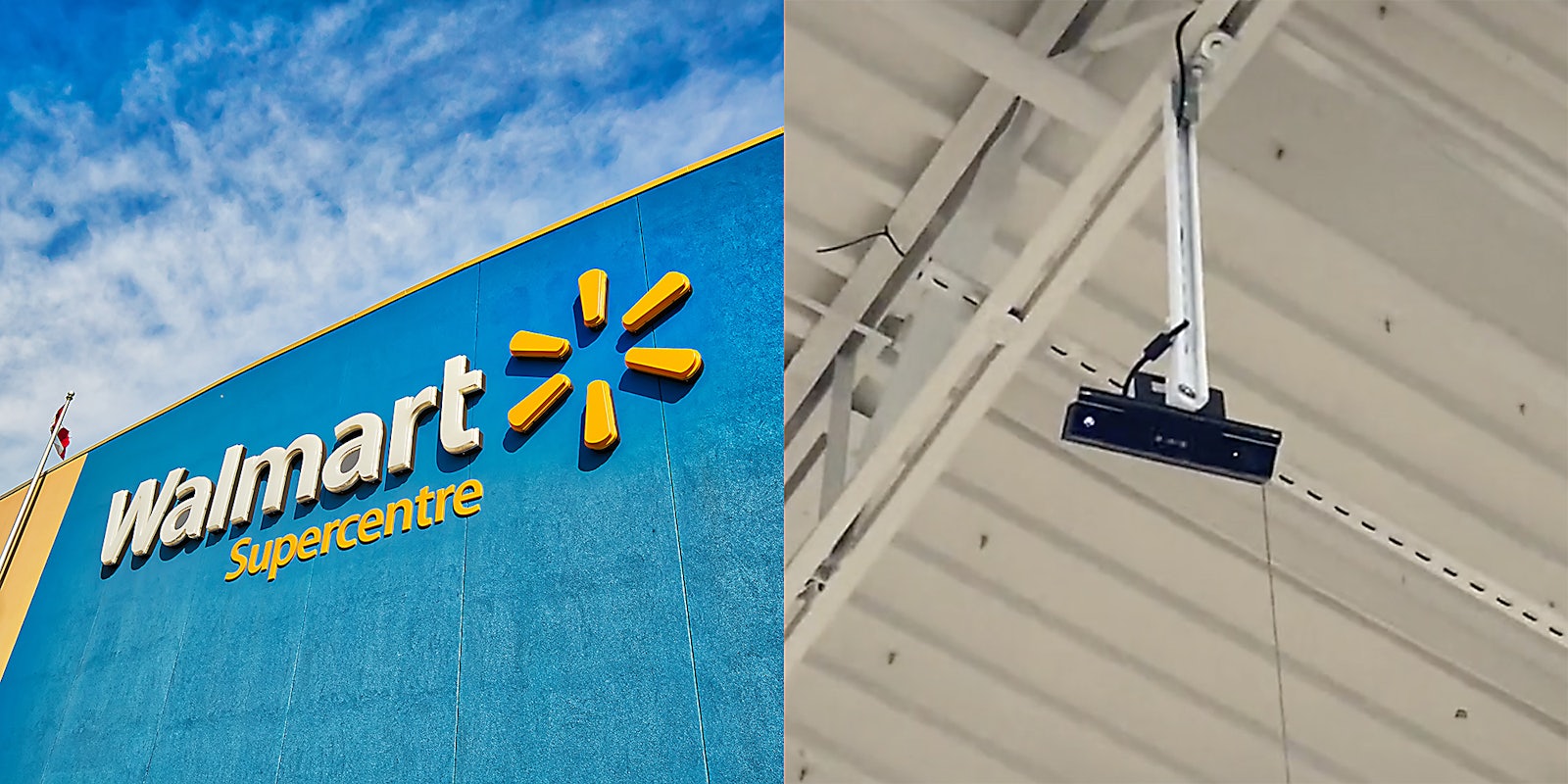 A Walmart sign (L) and a security camera (R).