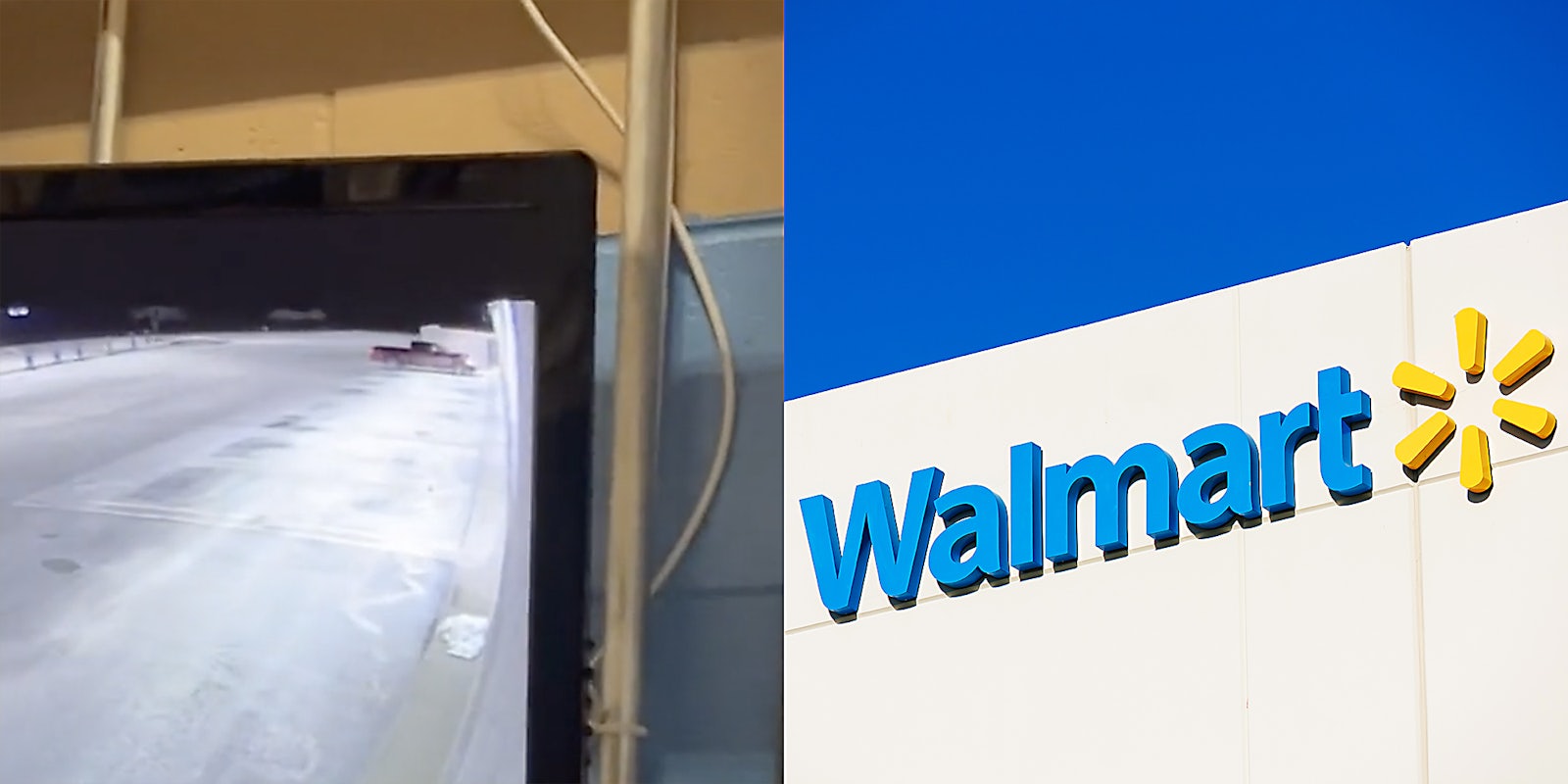 A car (L) and a Walmart sign (R).