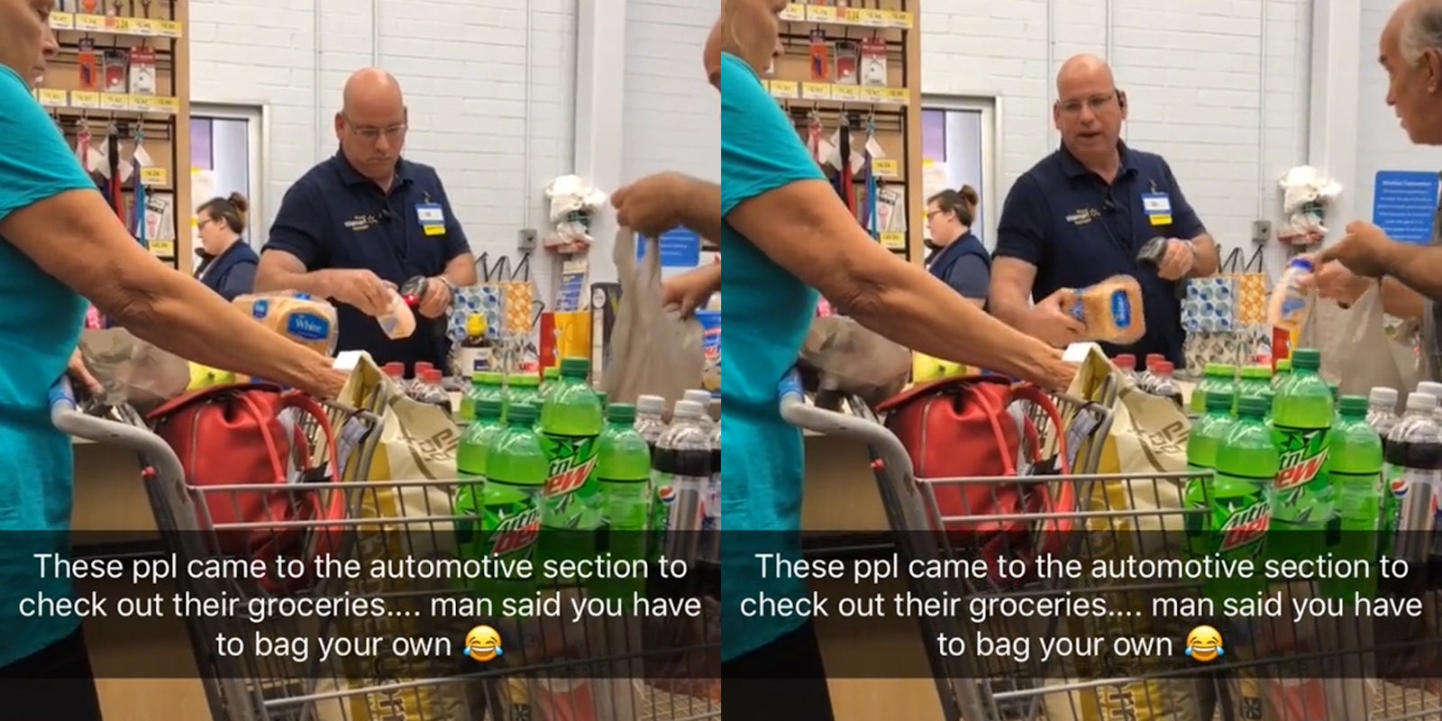 workers scans food for people with grocery cart at automotive counter in walmart with caption 'these ppl came to the automotive section to check out their groceries... man said you have to bag your own'