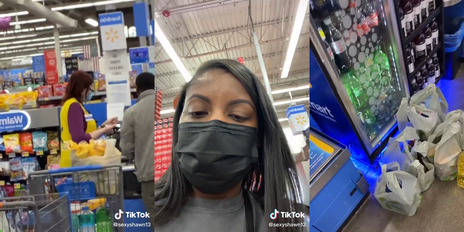 walmart worker at register (l) woman in mask (c) bagged items on floor (r)