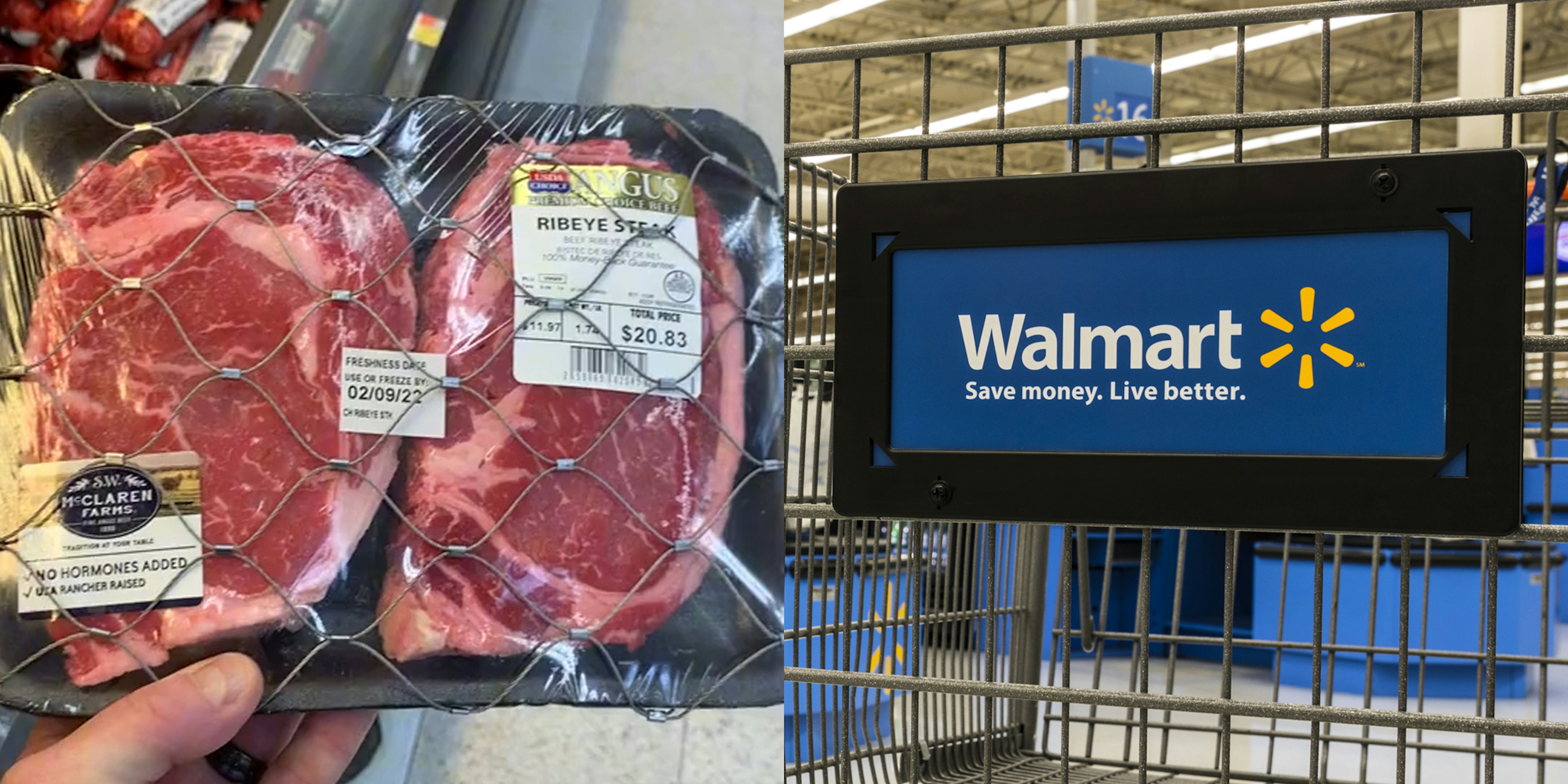 walmart steaks in an anti-theft cage (l) walmart logo on cart (r)