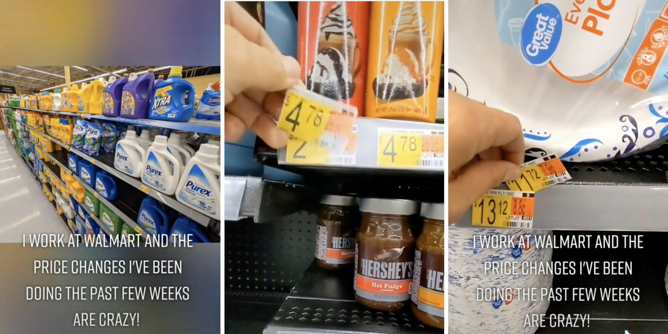 walmart shelves (l) person putting on a new price sticker (m) (r)