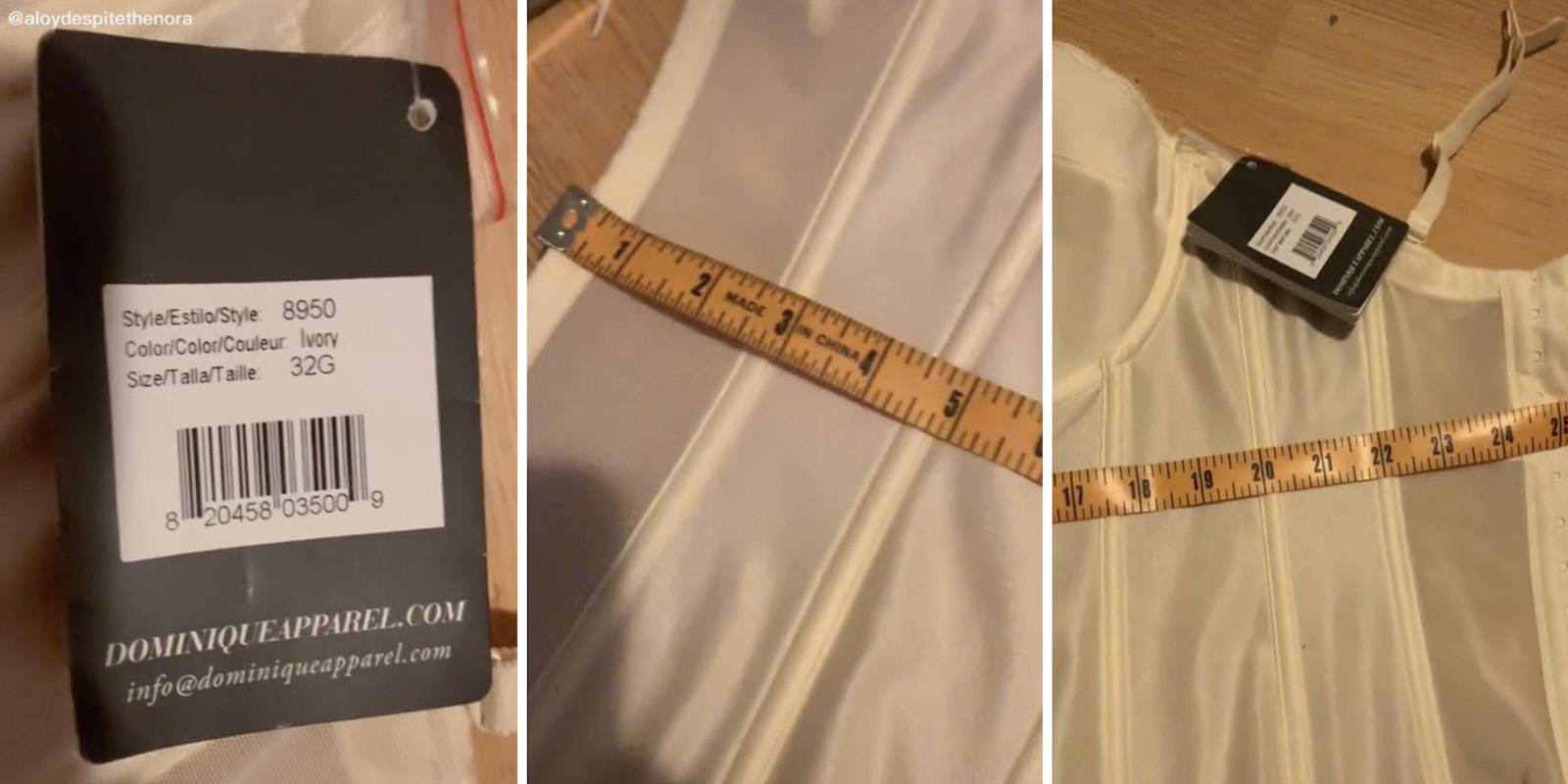 photos of a dress, measuring tape, and dress receipt on the floor