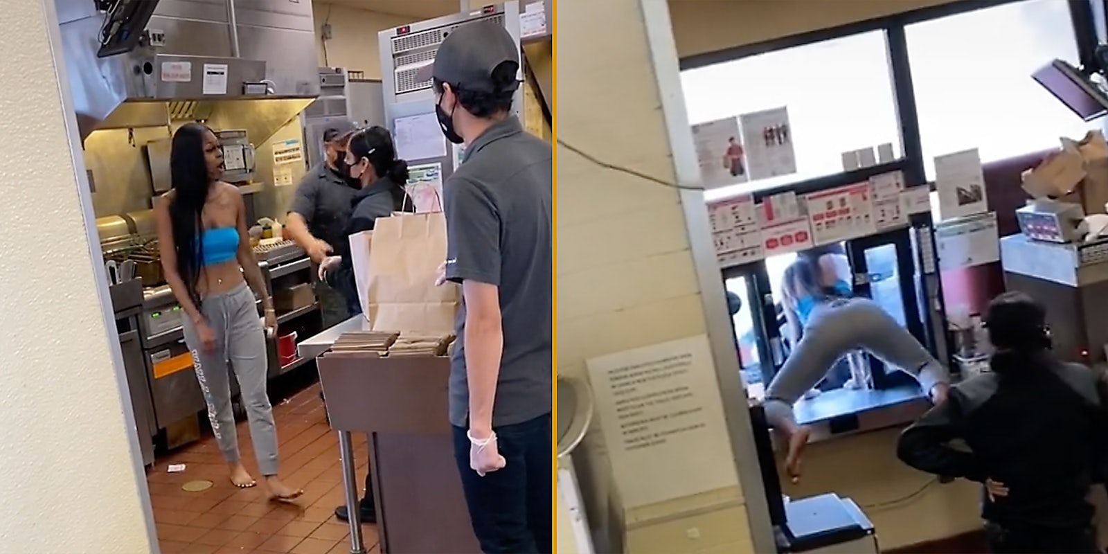 A woman walking through a fast food restaurant (L) and a woman shaking her ass in a drive thru window (R).
