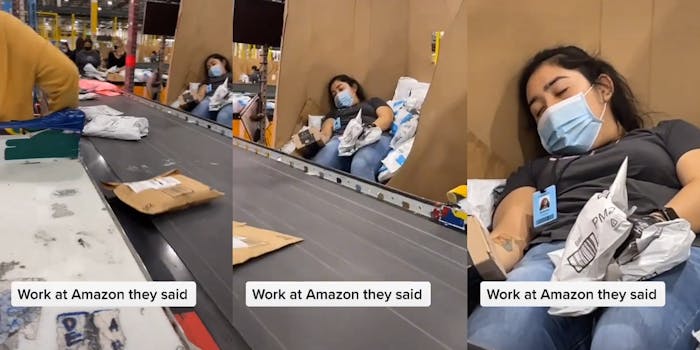 woman sleeping on amazon packages in front of conveyor belt with caption "work at Amazon they said"
