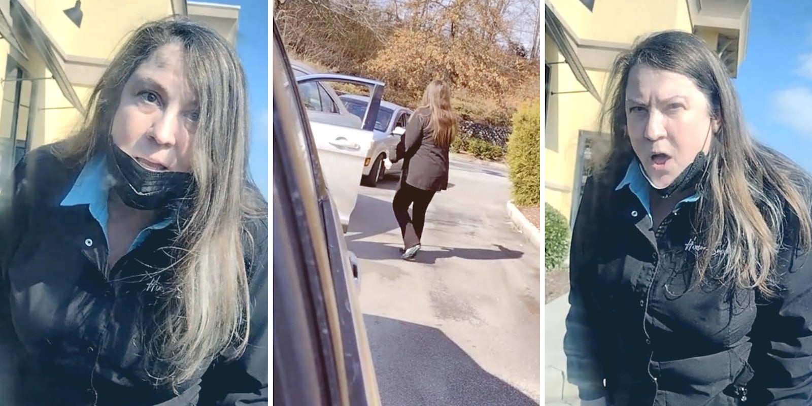 woman screaming at the camera (l) (r) woman walking across a drivethru to another car (m)