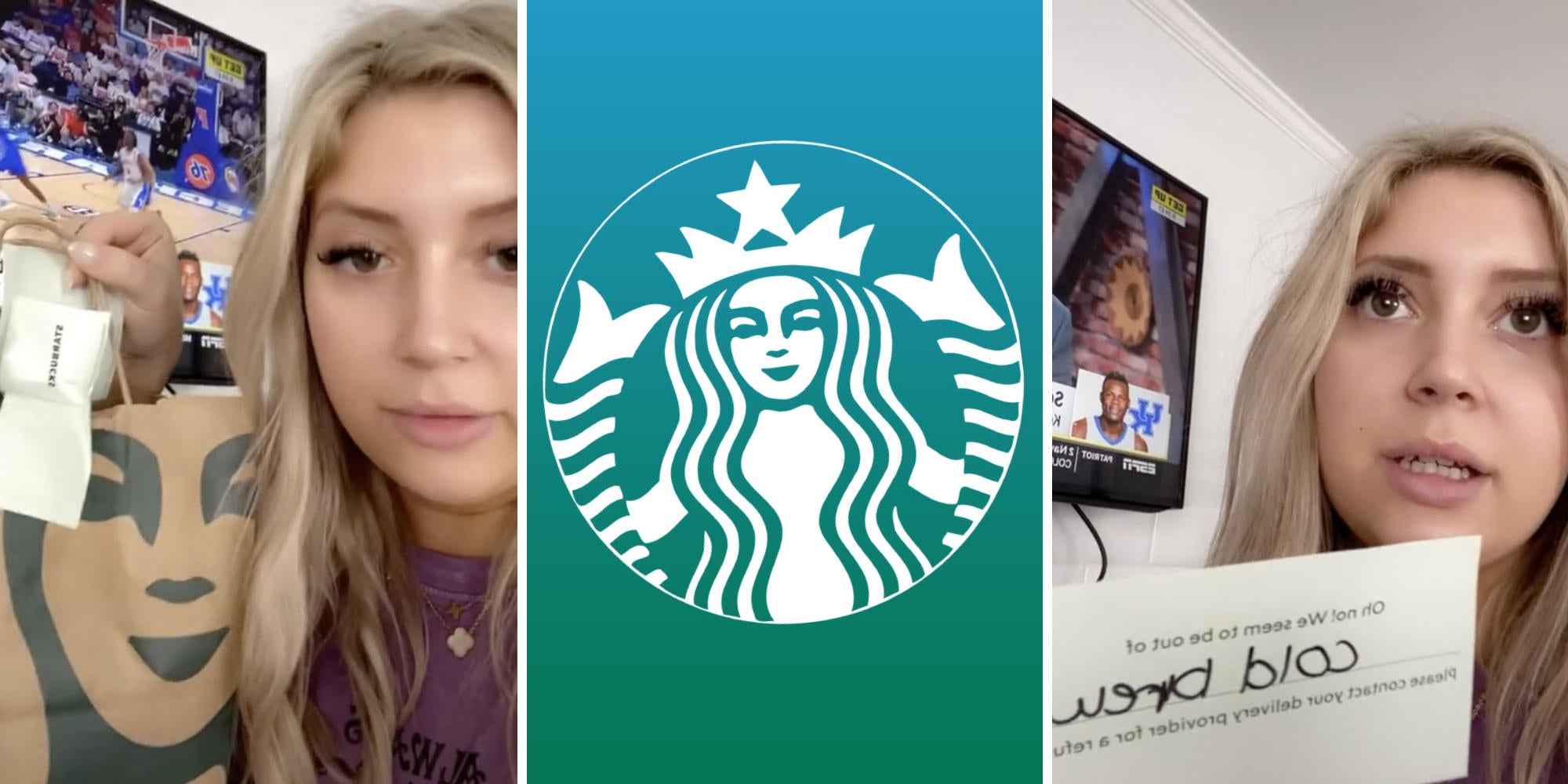 woman holding up delivery bag (l) starbucks logo (m) woman holding up card (r)