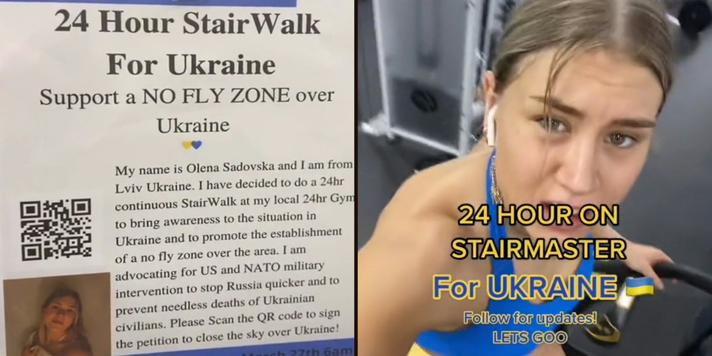 For Ukraine 24 hour stair walk support a no fly zone over Ukraine poster woman made(l) Woman on stairmaster at gym caption '24 hour on stairmaster for Ukraine follow for updates! LETS GOO' (r)