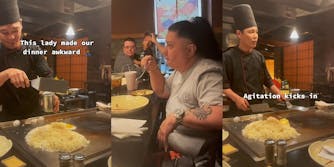 Hibachi chef with caption "This lady made our dinner awkward" (l) woman staring with fork in hand (c) hibachi chef with caption "agitation kicks in"