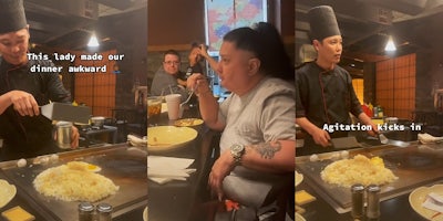 Hibachi chef with caption 'This lady made our dinner awkward' (l) woman staring with fork in hand (c) hibachi chef with caption 'agitation kicks in'