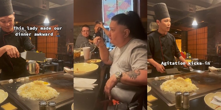 Hibachi chef with caption 'This lady made our dinner awkward' (l) woman staring with fork in hand (c) hibachi chef with caption 'agitation kicks in'