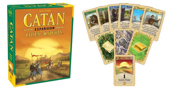 Settlers of Catan expansion pack Cities & Knights alongside game board and pieces