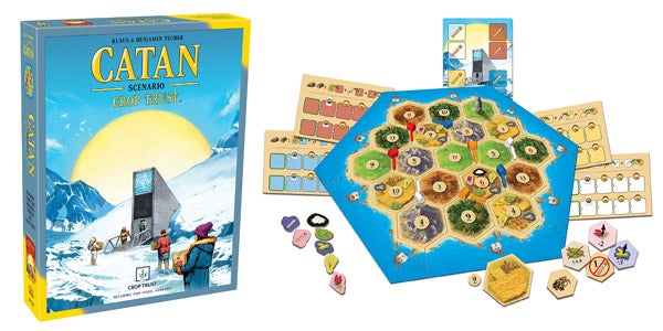 Settlers of Catan scenario Crop Trust alongside game board and pieces