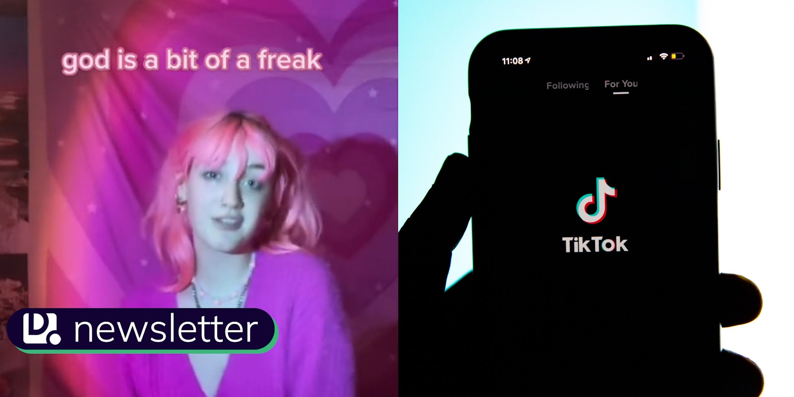 A side by side of a TikTok showing the text 'god is a bit of a freak' next to a photo of someone holding a phone with the TikTok logo on it. In the bottom left corner is the Daily Dot newsletter logo.