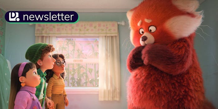 (l-r) abby, miriam, priya, and mei as a red panda in turning red. in the top left corner is the Daily Dot newsletter logo.