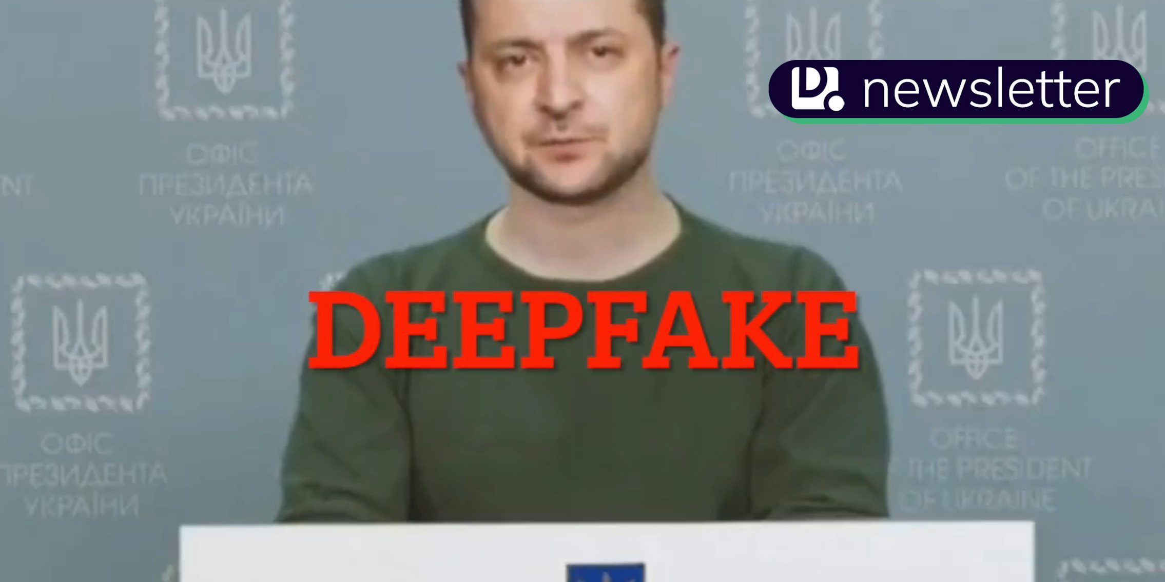 A screenshot of a deepfake of Ukrainian President Volodymyr Zelenskyy. In the top right corner is the Daily Dot newsletter logo.