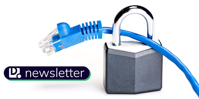 A padlock and keys with ethernet cables showing broadband privacy. In the lower left corner is the Daily Dot newsletter logo.