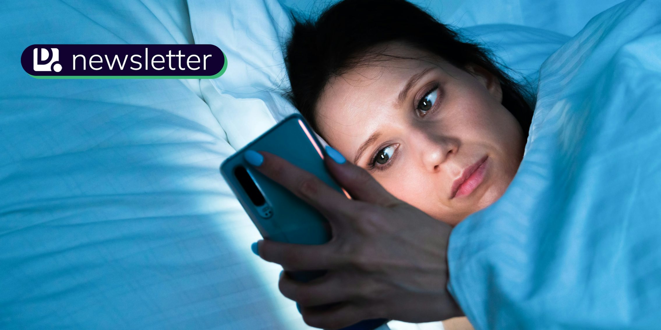 A woman doomscrolling on her phone while in bed. In the top left corner is the Daily Dot newsletter logo.