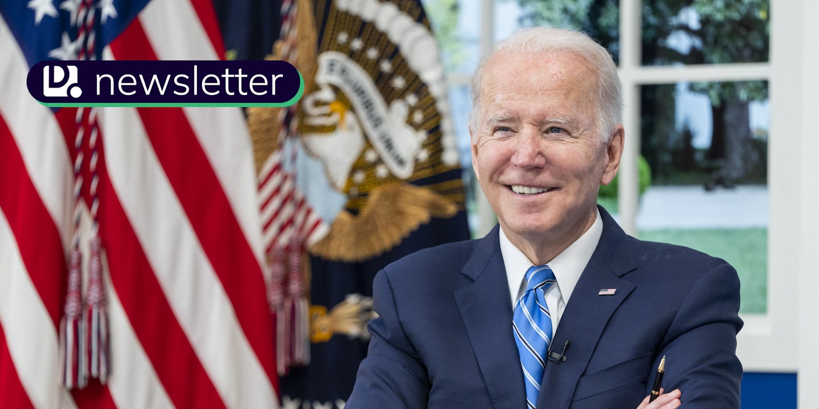 President Joe Biden smiling in front of an American flag. In the top left corner is the Daily Dot newsletter logo.