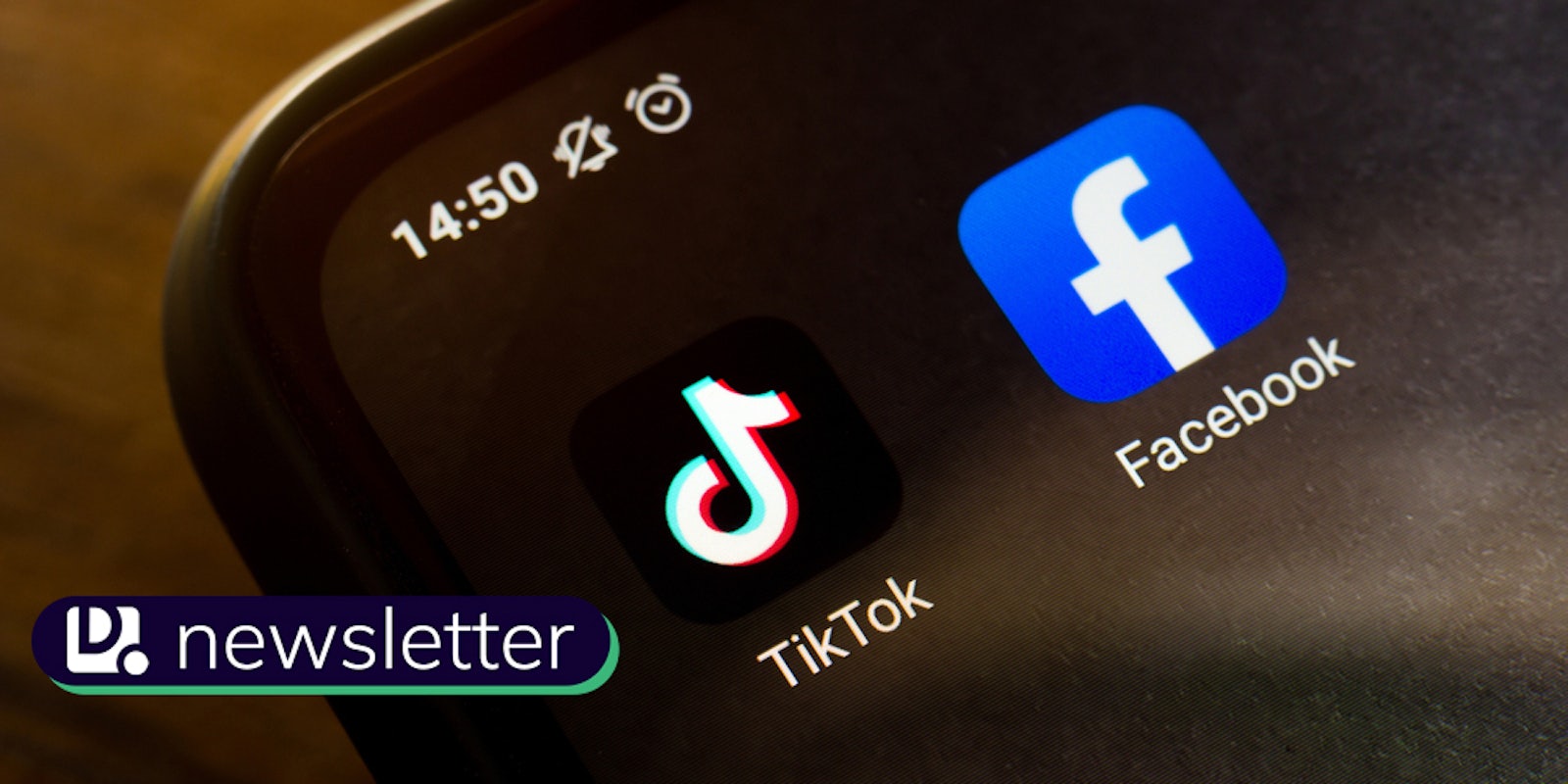 A TikTok app and Facebook app on a smartphone screen. The Daily Dot newsletter logo is in the bottom left corner.