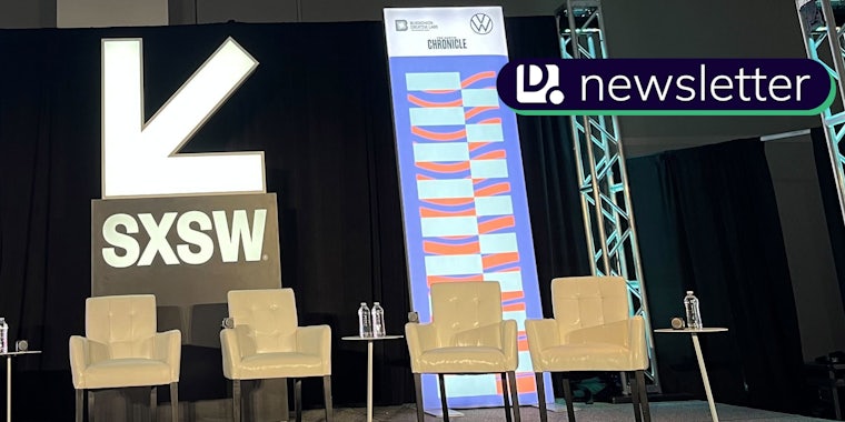 Chairs on a stage with the SXSW logo behind them. The Daily Dot newsletter logo is in the top right corner.