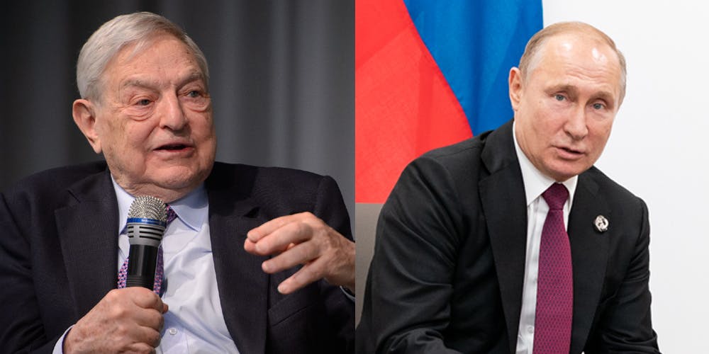 A side by side of George Soros and Vladimir Putin.