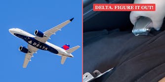 Delta airplane in sky (l) Woman in plane seatbelt does not fit caption "DELTA. FIGURE IT OUT!" (r)