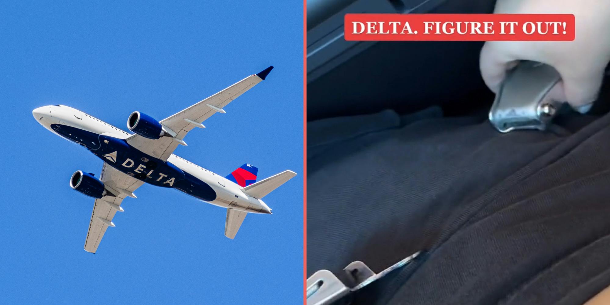 Delta airplane in sky (l) Woman in plane seatbelt does not fit caption "DELTA. FIGURE IT OUT!" (r)
