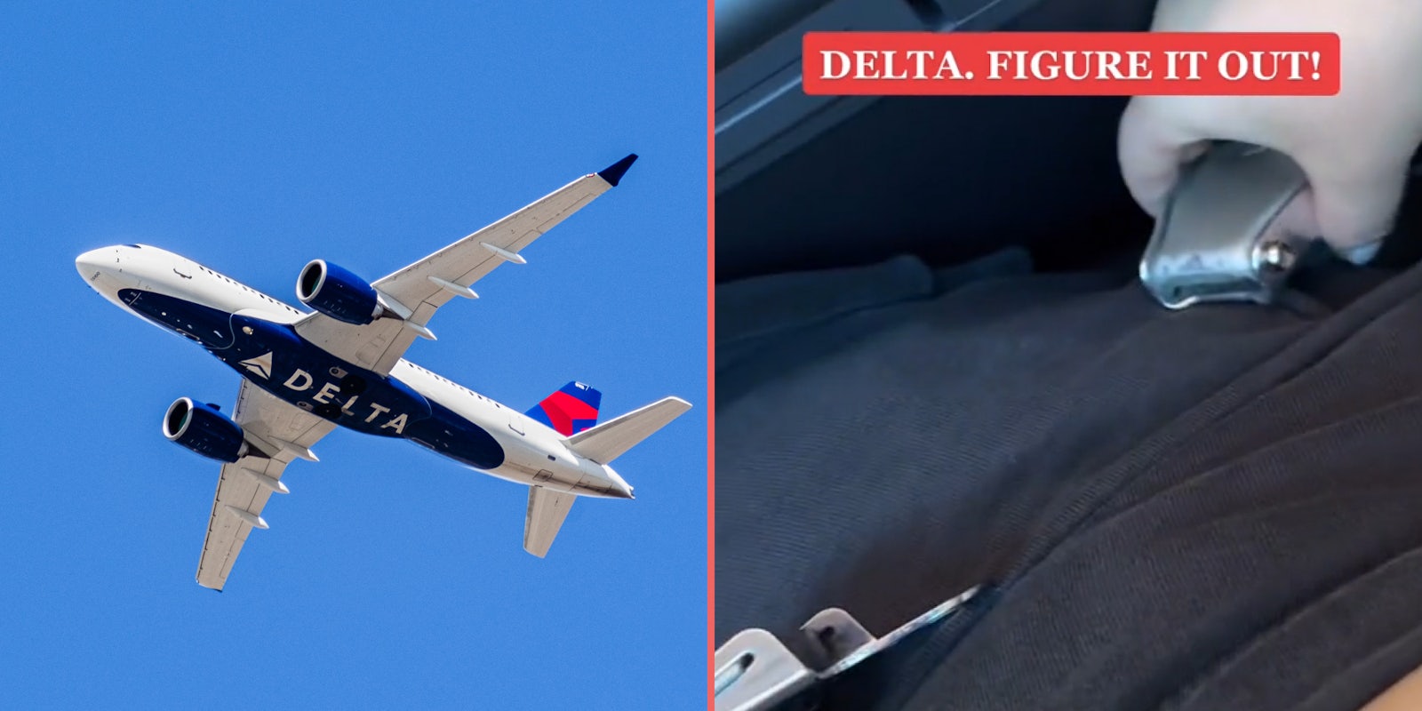 Delta airplane in sky (l) Woman in plane seatbelt does not fit caption 'DELTA. FIGURE IT OUT!' (r)
