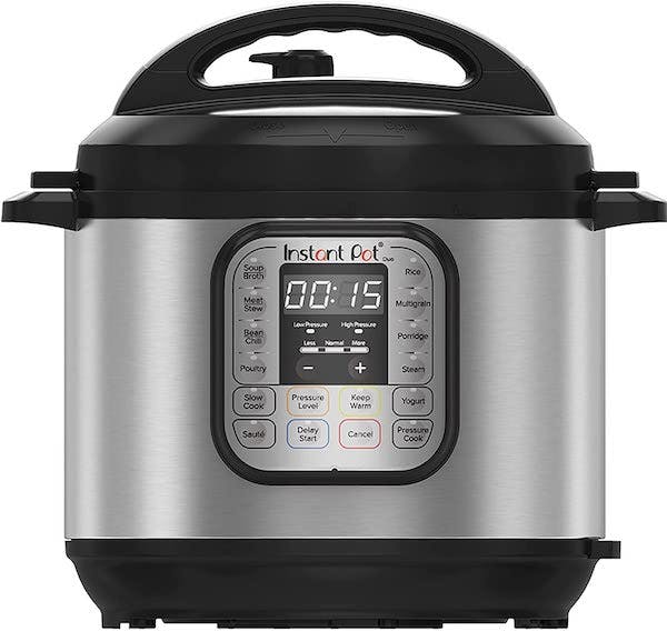 Kitchen hacks for single people: an instant pot facing forward with buttons and timer set