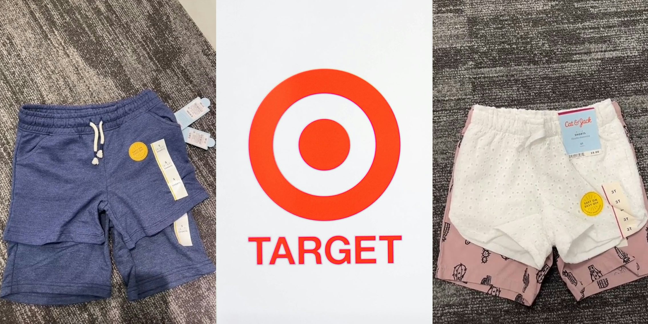 Girl shorts on top of boy shorts showing length and pocket differences (l) Target logo (c) Girl shorts over boy shorts again showing differences in quality (r)
